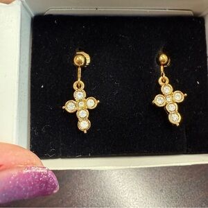 Avon “Rhinestone Cross” Dainty Goldtone clip Earrings with Sparkling Stones NIB